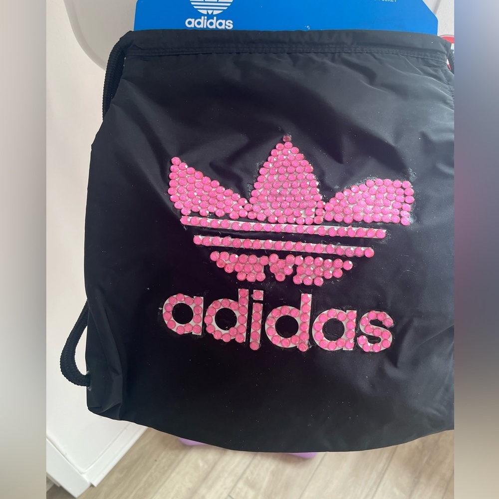 Adidas Originals Black Trefoil Sackpack customized with pink rhinestones